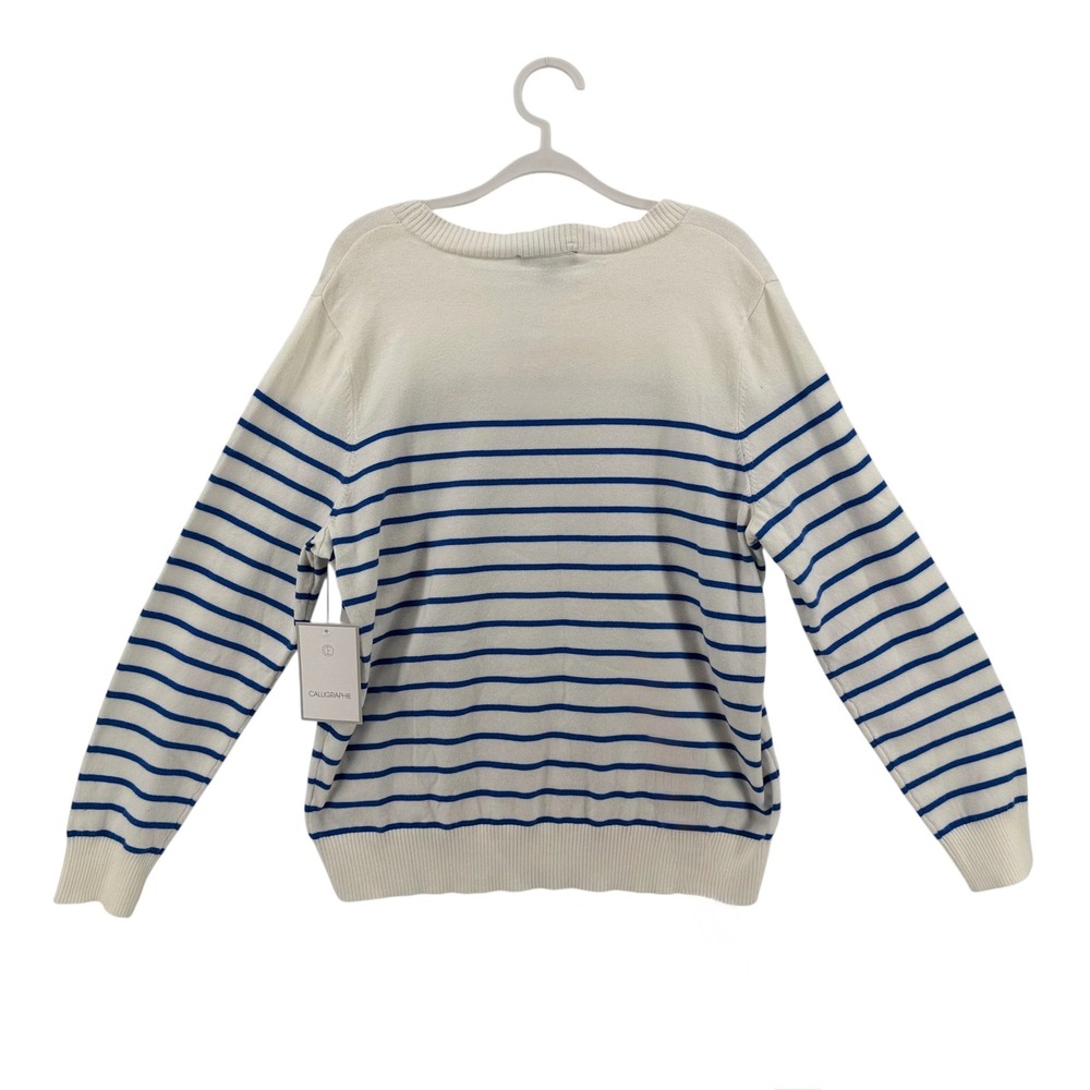 Anthropologie Calligraphie Womens XL White Nautical Striped Cat Crewneck Sweater - Picture 3 of 9